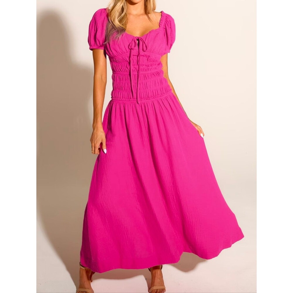Popvil Hot Pink Puff Sleeve Maxi Dress Size Large  NWT